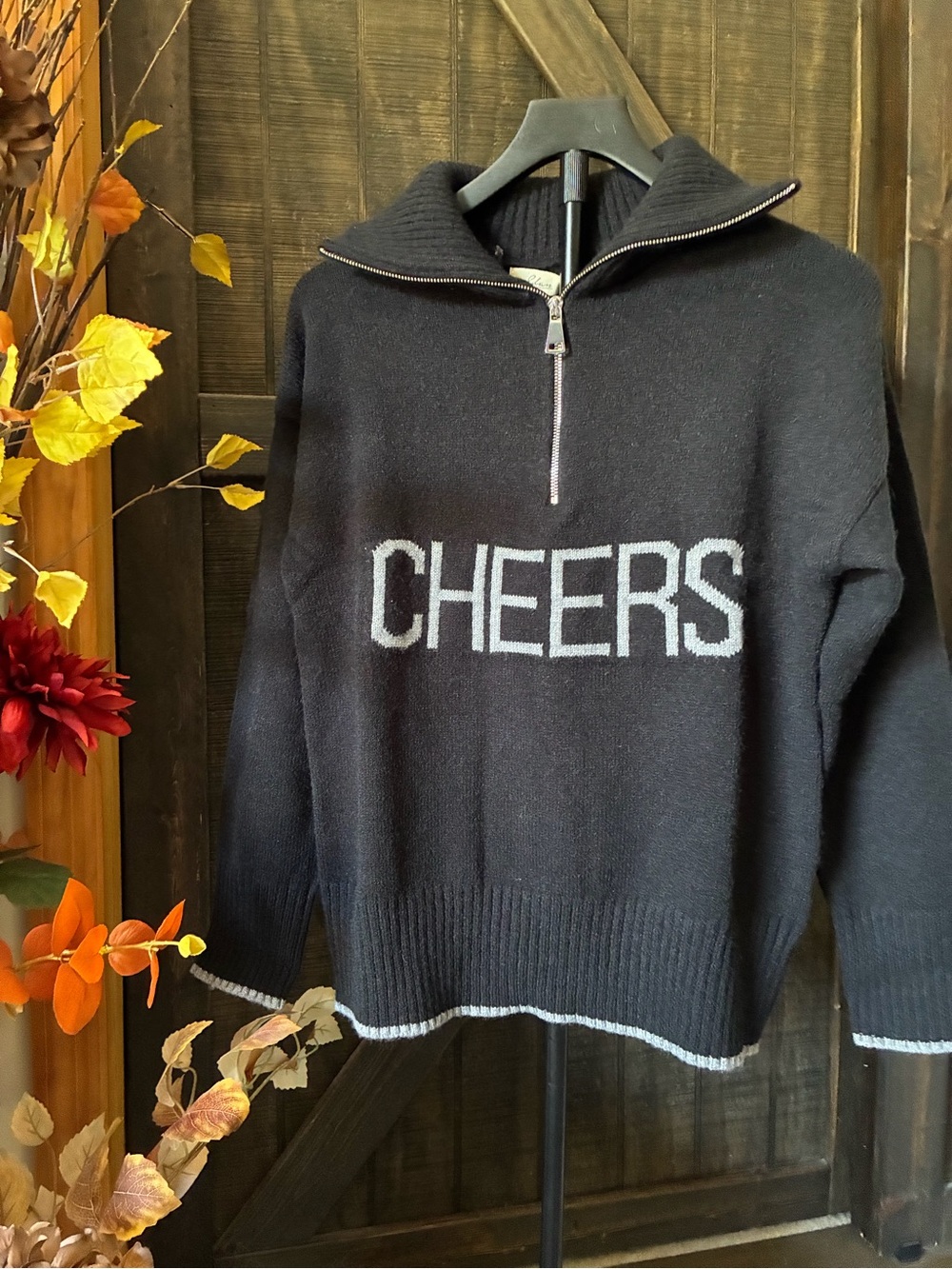 Elan Black Half-Zip Sweater with CHEERS Text
